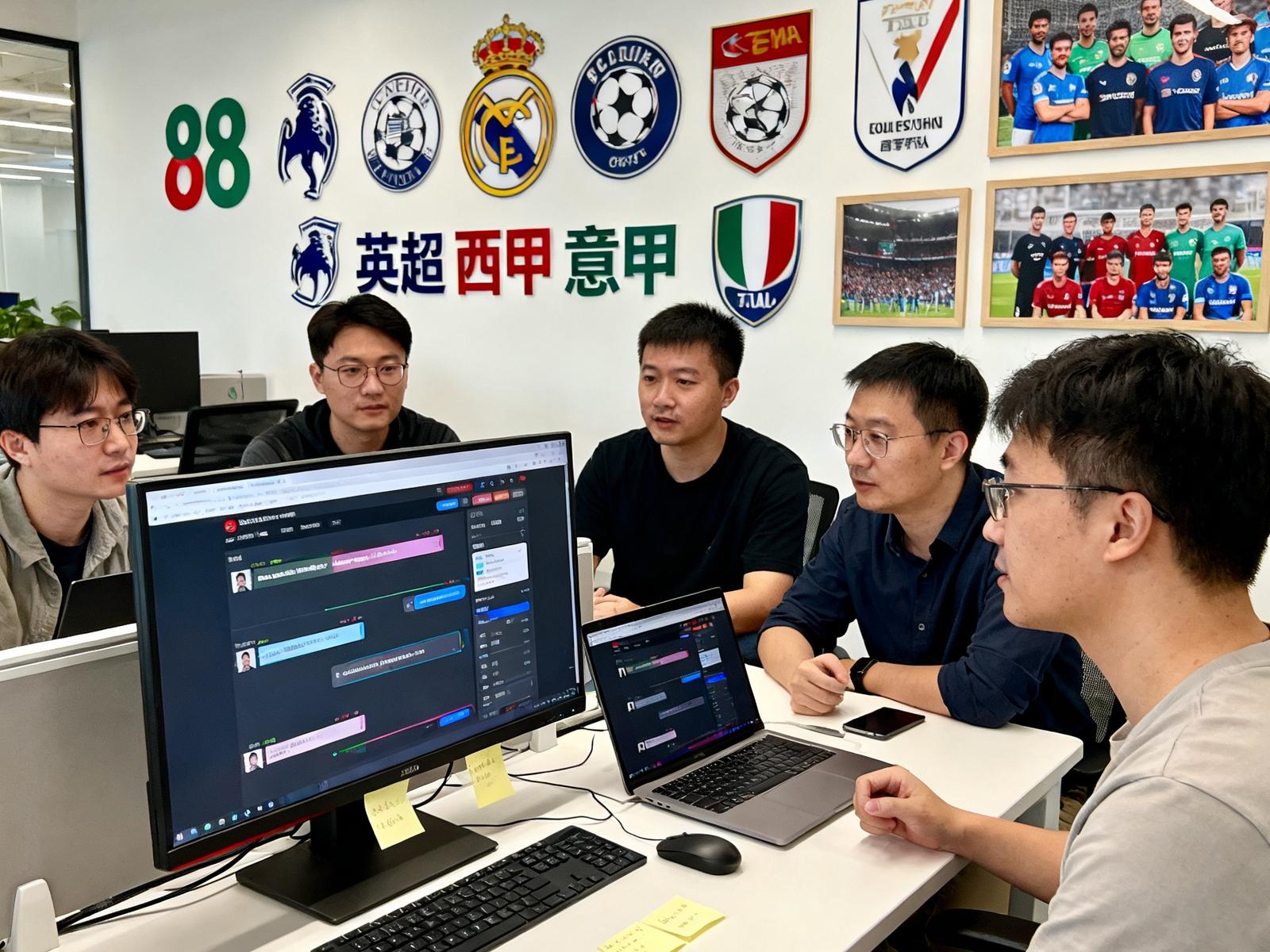 88看球创始团队在开放式办公室中围绕显示器讨论弹幕互动产品方案，背景墙上挂着各大联赛标志和团队合影
