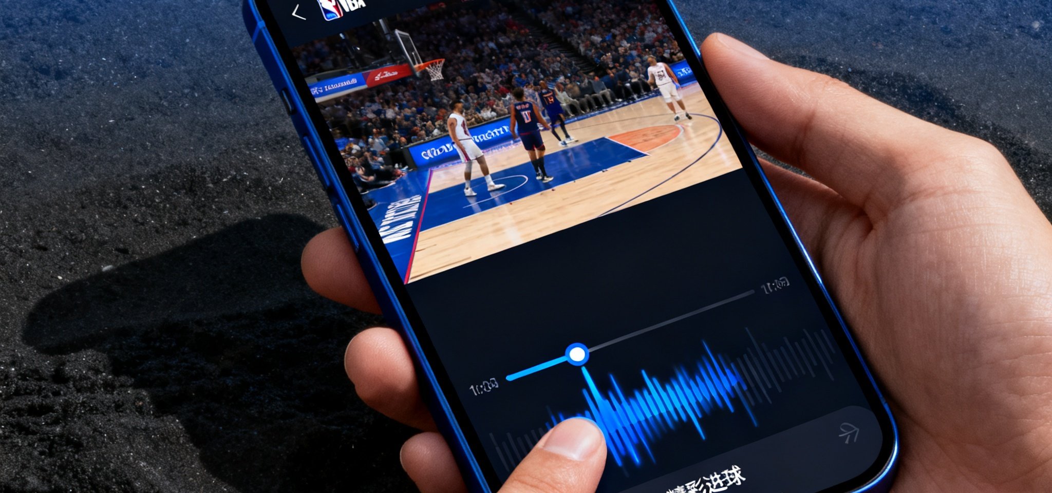 88看球NBA直播画面，用户手指拖拽进度条进行实时回放，屏幕显示回放时间轴和精彩进球标记点